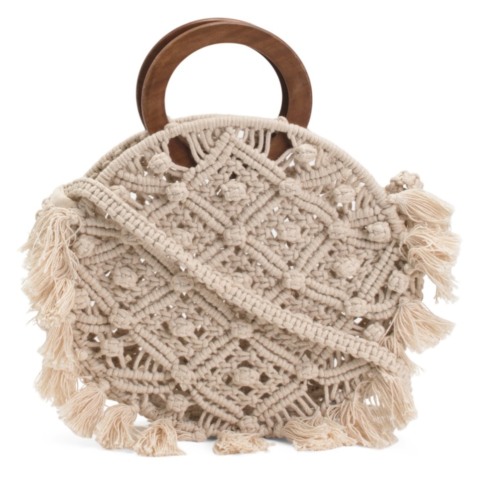 NWT Beige Boho Macrame Handbag with Wooden Handles